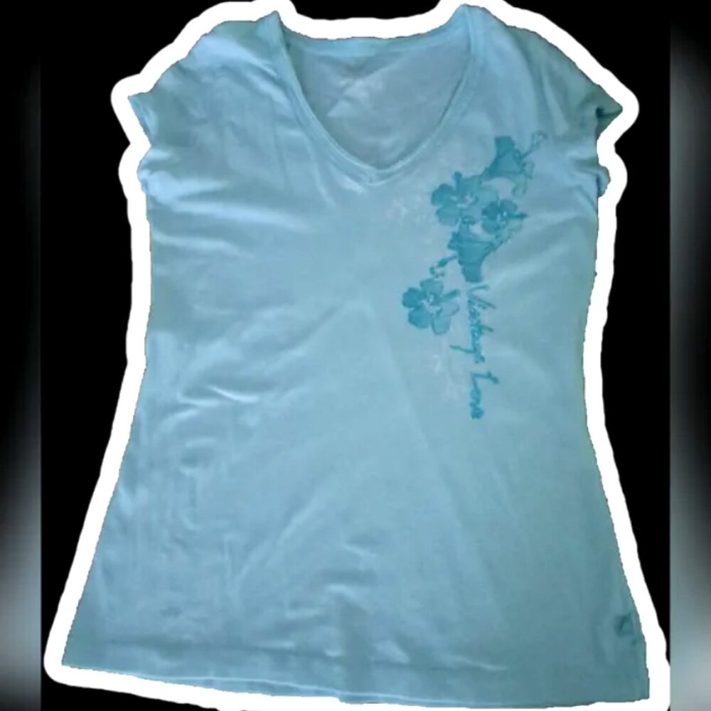 Garage Women's Sky Blue Floral Short Sleeve V-Neck Tee, Large